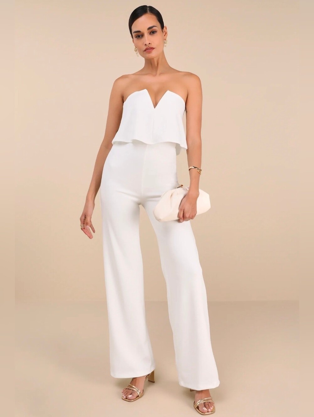 Lulu's White Strapless Flounce Wide-Leg Jumpsuit NWT